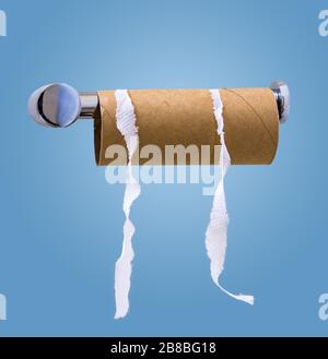 Rotolo vuoto di carta igienica su sfondo blu Foto Stock