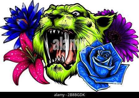 testa di tigre faccia e composizione fiori giallo girasole rose illustrazione vettore Illustrazione Vettoriale