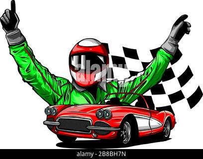 illustrazione vettoriale di auto da corsa con bandiera a scacchi su sfondo grungo Illustrazione Vettoriale