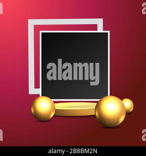 Palco dorato metallizzato con forme geometriche galleggianti e piattaforma rotonda, sfondo minimale realistico, cornice di lusso 3d per la presentazione del prodotto Illustrazione Vettoriale