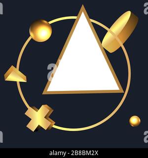Palco dorato metallico con forme geometriche galleggianti, triangolo con piattaforma in carta, sfondo minimale realistico, scena 3d su colore nero per il prodotto Illustrazione Vettoriale