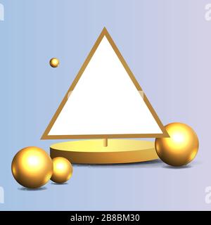 Palco dorato metallico con forme geometriche galleggianti, triangolo con piattaforma in carta, sfondo minimale realistico, scena 3d su colore nero per il prodotto Illustrazione Vettoriale
