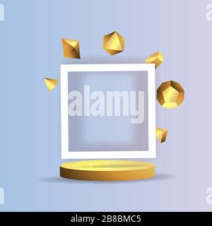 Palco dorato metallico con forme geometriche galleggianti, quadrato con piattaforma in carta, sfondo minimale realistico, scena 3d su colore nero per il prodotto p Illustrazione Vettoriale