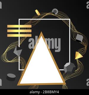 Palco dorato metallico con forme geometriche galleggianti, triangolo con piattaforma in carta, sfondo minimale realistico, scena 3d su colore nero per il prodotto Illustrazione Vettoriale