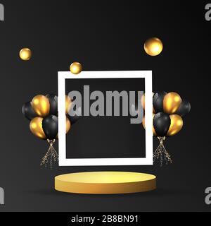 Palco dorato metallico con forme geometriche galleggianti, quadrato con piattaforma in carta, sfondo minimale realistico, scena 3d su colore nero per il prodotto p Illustrazione Vettoriale