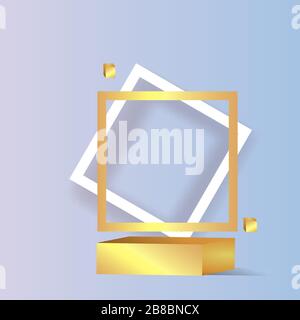 Cornice dorata metallizzata con forme geometriche galleggianti, piattaforma rotonda, sfondo minimale realistico, scena di lusso 3d per la presentazione del prodotto o mocku Illustrazione Vettoriale