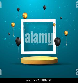 Cornice dorata metallizzata con forme geometriche galleggianti, piattaforma rotonda, sfondo minimale realistico, scena di lusso 3d per la presentazione del prodotto o mocku Illustrazione Vettoriale