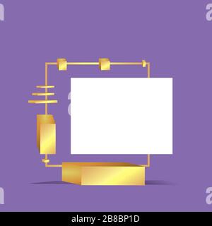 Palco dorato metallico con forme geometriche galleggianti, quadrato con piattaforma in carta, sfondo minimale realistico, scena 3d su colore viola per il prodotto Illustrazione Vettoriale