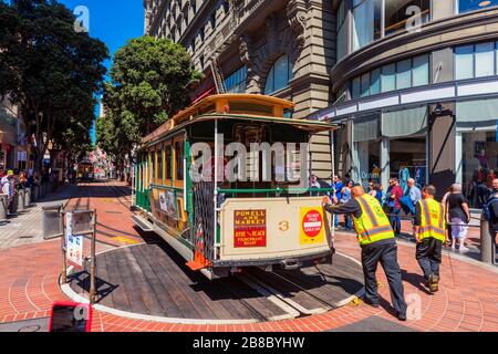 L'operatore spinge una funivia dopo averla girata in direzione opposta alla piattaforma girevole Powell e Market Street a San Francisco USA Foto Stock
