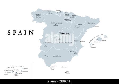 Spagna, mappa politica grigia con divisioni amministrative. Regno di Spagna con la capitale Madrid, le comunità autonome, i confini e le capitali. Foto Stock