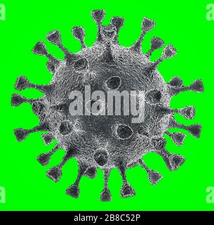 Vista di primo piano del microscopio 3D Coronavirus COVID-19 (2019-nCov) isolato su sfondo verde Foto Stock