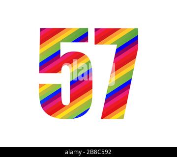 57 numero carattere numerico stile arcobaleno. Illustrazione vettoriale a cinquanta sette numeri colorata Design isolato su sfondo bianco. Foto Stock