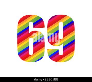 69 numero carattere numerico stile arcobaleno. Illustrazione vettoriale colorata di sessantanove numeri disegno isolato su sfondo bianco. Foto Stock