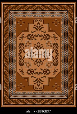 Tappeto vintage con ornamento etnico in tonalità marrone e motivo floreale in toni sporchi di arancio e marrone al centro Foto Stock