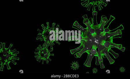 Cina patogeno respiratorio coronavirus 2019-ncov influenza epidemia 3D illustrazione medica. Vista microscopica delle cellule del virus dell'influenza fluttuante. Pericoloso c Foto Stock