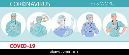 Medici che combattono contro le icone vettoriali del virus corona. Epidemiologia pandemica malattia infettiva Illustrazione Vettoriale