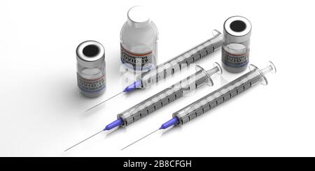 Covid 19 vaccinazione contro il coronavirus. Siringhe per iniezione medica e flaconcini con vaccino isolato su fondo bianco. Medica di trattamento di salute Foto Stock