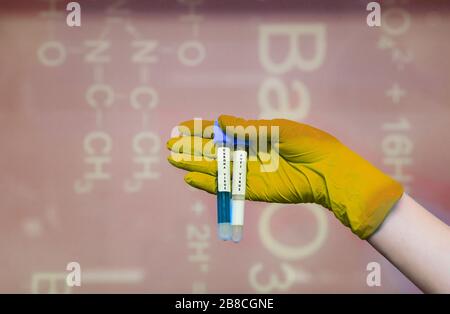 Una mano con guanti di gomma può contenere due provette con coronavirus Foto Stock