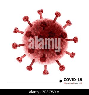 Coronavirus COVID-19, infezione pericolosa isolata su sfondo bianco. Epidemia di influenza respiratoria cineese. Virus dell'influenza patogeno, globuli rossi Illustrazione Vettoriale