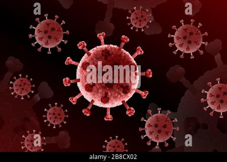 Coronavirus COVID-19, pericolosa infezione respiratoria Chineese. Epidemia di influenza. Virus dell'influenza patogeno, cellule del cancro rosso. Rischio per la salute medica Illustrazione Vettoriale