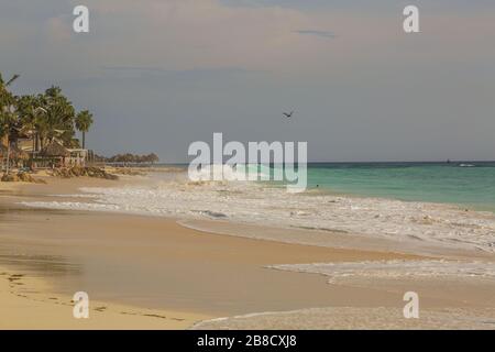 La grande onda nel mare dei Caraibi sta rompendo la costa. Eagle Beach dell'isola di Aruba. Bella natura sfondo. Foto Stock