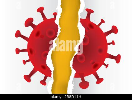 Carta strappata con immagine di Coronavirus. Illustrazione espressiva che simboleggia la distruzione del coronavirus. Inserire il testo. Vettore disponibile. Illustrazione Vettoriale