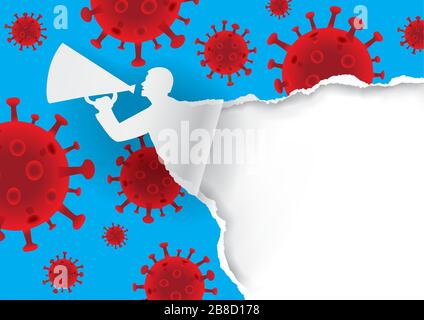 Uomo con megaphone strappato carta con simboli Coronavirus. Modello espressivo per l'annuncio del tema pandemico del coronavirus. Inserire il testo. Illustrazione Vettoriale