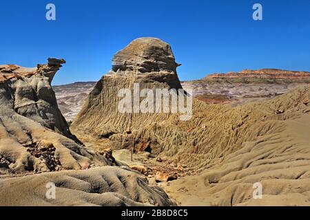 La Foresta pietrificata nei pressi di Sarmiento, Patagonia/Argentina. Tronchi di albero e trucioli di legno sono sparsi tutto intorno Foto Stock