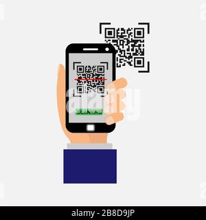 Icona vettore. Lo smartphone in mano esegue la scansione del codice QR. Semplice design piatto per sito Web e app Illustrazione Vettoriale