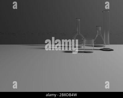 Vetreria da laboratorio. Bicchiere da laboratorio realistico, matraccio, matraccio volumetrico e cilindro. Progettazione 3D. Minimalistico. Foto Stock