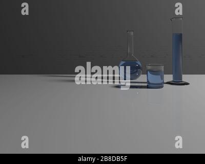 Vetreria da laboratorio. Bicchiere da laboratorio realistico, matraccio volumetrico e cilindro con liquido blu. Progettazione 3D. Minimalistico. Foto Stock