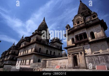 Cenotafi o chhatris sulle rive del fiume Betwa, Orchha, Madhya Pradesh, India Foto Stock