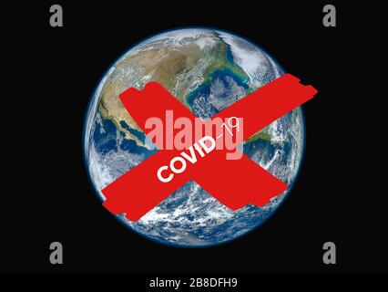 Coronavirus Covid 19 epidemia globale e illustrazione pandemica con il pianeta Terra come visto dal cosmo e rosso segno annullato Foto Stock
