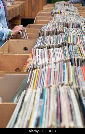 Berlino, Germania - 7 luglio 2019: Una donna che cerca dischi in vinile a Fleamarket a Mauerpark Foto Stock