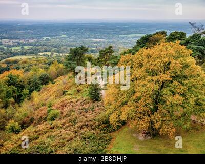 Vista sul lato della campagna dalla Leaf Hill Tower Surrey Foto Stock