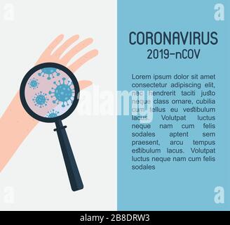 corona virus 2019-nCoV sotto una lente di ingrandimento. Corona Virus a Wuhan, Cina, diffusione globale, e concetto di arresto Corona Virus. Influenza e malattia polmonare Illustrazione Vettoriale