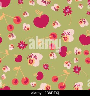Mele, ciliegie, fiori e cuori modello vettoriale senza cuciture in rosa verde e giallo. Illustrazione Vettoriale