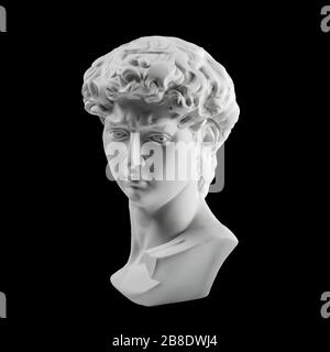 Statua di gesso della testa di Davide. Copia in gesso della statua del David di Michelangelo isolata su sfondo nero. Antica scultura greca, statua di eroe Foto Stock