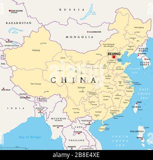 Cina, mappa politica, con divisioni amministrative. Repubblica popolare cinese, capitale Pechino, province con capitali, confini. Foto Stock