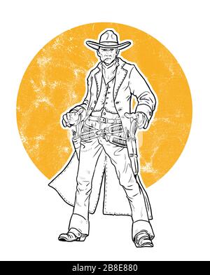 Disegno Gunfighter. Cowboy con revolver su duello illustrazione. Selvaggio West americano. Foto Stock