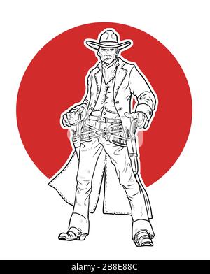 Disegno Gunfighter. Cowboy con revolver su duello illustrazione. Selvaggio West americano. Foto Stock