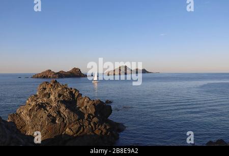 Vista aerea di sanguinarie isole sanguinario in Corsica, Francia Foto Stock