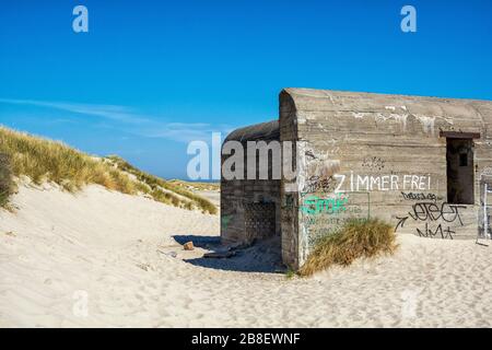 Bunker a Grenen sulla spiaggia di Skagen in Danimarca Foto Stock