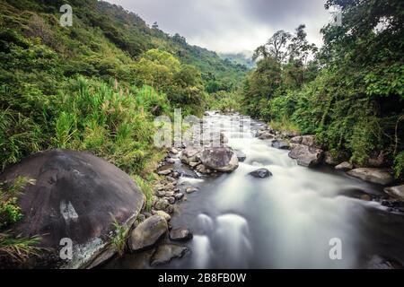 Immagine a lunga esposizione di un flusso nella foresta di nubi in Costa Rica Foto Stock