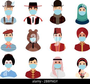 La gente intorno ai paesi del mondo in vestiti nazionali ha messo su una maschera - poster, quarantena, coronavirus. Illustrazioni concetto di coronavirus COVID-19 Illustrazione Vettoriale