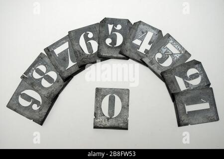 Stencil in zinco d'epoca per l'etichettatura con numeri da 0 a 9 Foto Stock