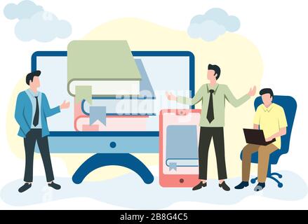 Attività delle persone relative all'apprendimento online, all'apprendimento a distanza o al corso online. Illustrazione delle persone con computer, smartphone e rubrica Illustrazione Vettoriale
