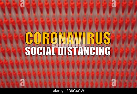 Coronavirus distanza sociale su uno sfondo astratto rosso sfocato Foto Stock