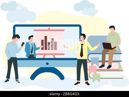Attività delle persone relative all'apprendimento online, all'apprendimento a distanza o al corso online. Illustrazione delle persone con computer, smartphone e rubrica Illustrazione Vettoriale