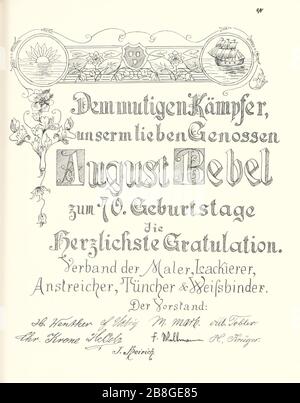 Goldenes Buch zum 70. Geburtstag Agosto Bebel 1910 Seite 090. Foto Stock